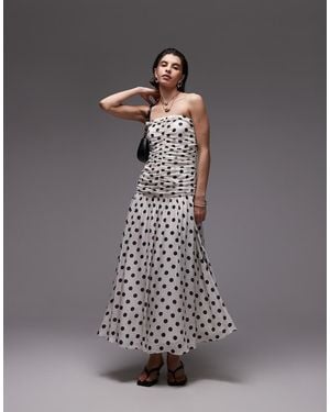 Mango Bandeau Maxi Dress With Dropped Waist And Ruched Bodice - White