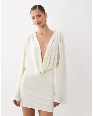 SNDY'S Premium Jersey Deep Cowl Neck Flared Sleeve Mini Dress - White