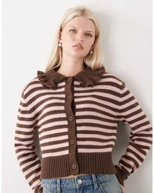 Collusion Stripe Knitted Cardi With Frill Collar - Brown