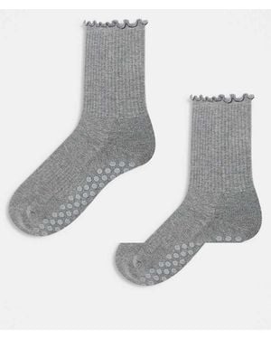 4505 2 Pack Non Slip Grip Lettuce Edge Pilates Crew Socks - Grey