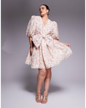 ASOS Curve Jacquard Puff Sleeve Mini Dress With Bow Tie - White