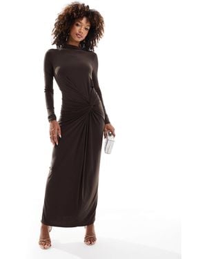 DASKA Stretch Long Sleeve High Neck Twist Detail Maxi Dress - Black