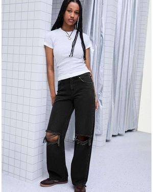 Bershka High-Waist Wide-Leg Ripped Jeans - Blue