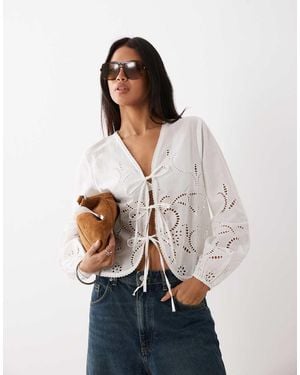 Jdy Tie Front Crochet Detail Top With Lace Trim - White