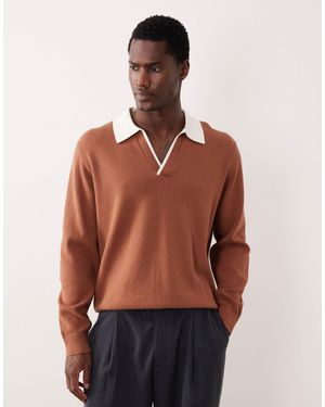 ASOS Relaxed Knit Long Sleeve Notch Neck Polo Shirt - Brown