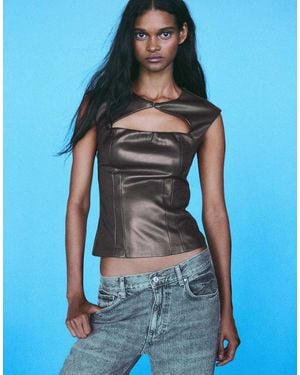 Bershka Sleeveless Leather Effect Cut-out Top - Blue