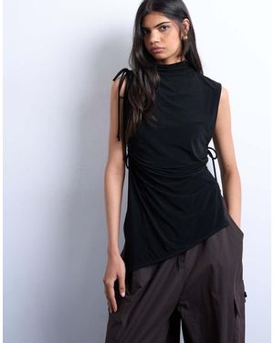 TOPSHOP High Neck Ruched Channel Tunic Top - Black