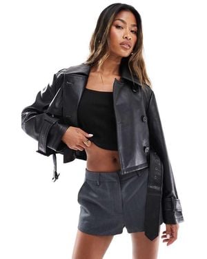 In The Style Cropped Belted Faux Leather Jacket - Black