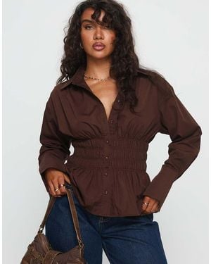 Princess Polly Camisa Marrón Con Botones Y Cintura Fruncida As You Are De