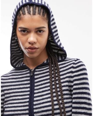 Collusion Stripe Knitted Zip Through Hoodie - Blue