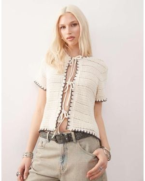Reclaimed (vintage) Blanket Stitch Crochet Tie Front Short Sleeve Cardigan - Natural