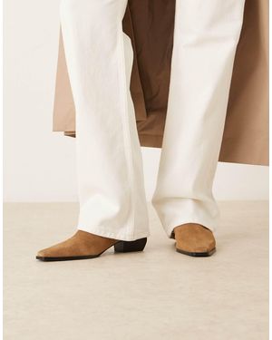 Mango Suede Square Toe Low Heeled Western Ankle Boot - Natural