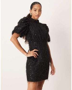 Y.A.S Fluffy Textured Sequin Mini Dress - Black