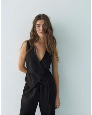 Pull&Bear Linen Blend Vest With Side Tie Fastening - Black
