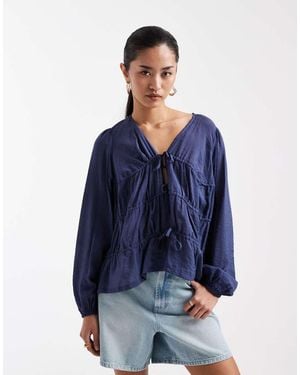 Threadbare Shirred Long Sleeve Blouse With Tie Front - Blue