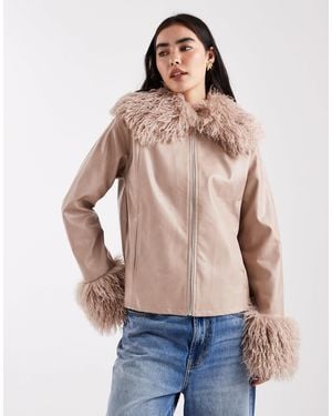 Daisy Street Zip Through Boxy Jacket With Faux Fur Trims - Blue