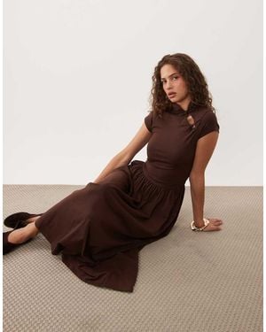 ASOS Cap Sleeve With Mandarin Collar And Dropped Waist Midi Dress - Brown