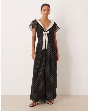 For Love & Lemons Chiffon V Neck Flutter Sleeve Jumpsuit - White