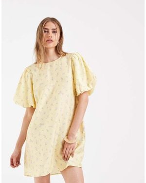 Pieces Volume Sleeve Bow Back Mini Shift Dress - Natural