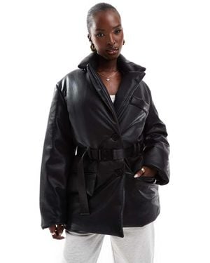 The Couture Club Faux Leather Padded Blazer Coat - Black