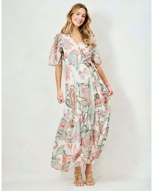Hope & Ivy The Blanche Flutter Sleeve Maxi Wrap Dress With Tie Waist - White