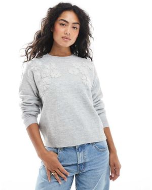 Brave Soul Crew Neck Jumper With Flower Embroider Detail - Grey