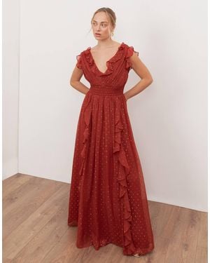 ANAYA Plunge Neck Waterfall Ruffle Maxi Dress - Red