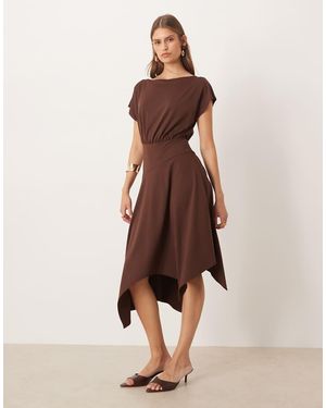 ASOS Fallen Shoulder Hanky Hem Midi Dress - Natural