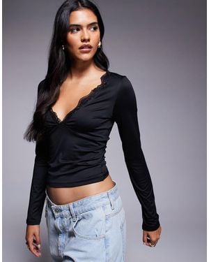 ASOS Slinky Lace Trim Long Sleeve Deep V Neck Top - Blue