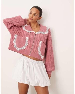 For Love & Lemons Cable Knit Zip Through Crop Jacket Lace Pockets - Pink