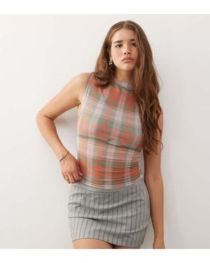Collusion Sheer Check Print Mesh Funnel Neck Top - Brown