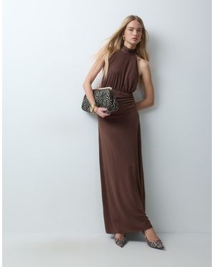 Vila Halter Neck Ruched Detail Slinky Maxi Dress - Brown