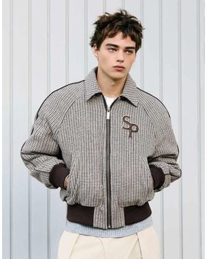 Bershka Felt-Effect Houndstooth Bomber Jacket - Grey