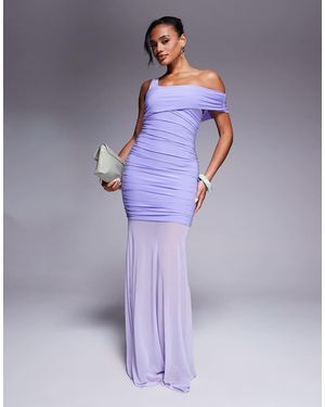 Kaiia Exclusive Double Layered Slinky Asymmetric One Shoulder Sheer Hem Maxi Dress - Purple