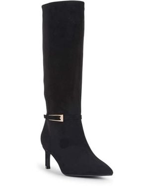 SEQWL Wide Fit Pointed Toe Knee High Stiletto Boots With Buckle Detail - Black