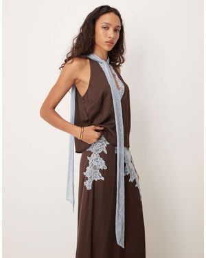 Never Fully Dressed Satin Lace Trim Scarf Neck Top Co-ord - White