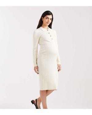 Mama.licious Mamalicious Maternity Long Sleeve 2 Function Nursing Ribbed Button Front Midi Dress - White
