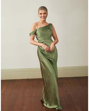 Six Stories Bridesmaid Satin Asymmetric Cowl Neck Maxi Dress - Green