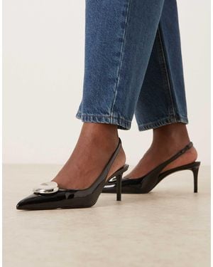 Mango Pointed Toe Slingback Heels With Statement Hardware - Blue