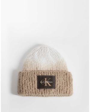 Calvin Klein Woven Label Brushed Chunky Rib Knit Beanie - Natural