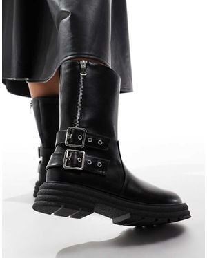 Glamorous Stivaletti Neri Con Zip, Fibbie E Suola Spessa - Nero