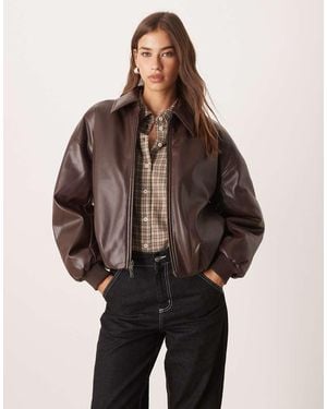 Abercrombie & Fitch Vegan Leather Bubble Hem Bomber Jacket - Brown
