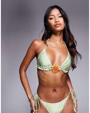 South Beach Triangle Bikini Top With Yellow Flower Detail - Green