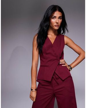 Kaiia Exclusive Asymmetric Button Front Sleeveless Waistcoat Top Co-ord - Red
