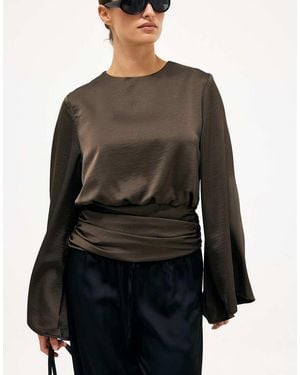 NA-KD Wide Sleeve Ruched Waist Blouse - Black