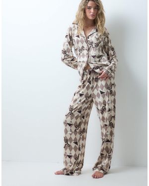 Loungeable Revere Button Up Shirt And Trouser Pyjama Set - White