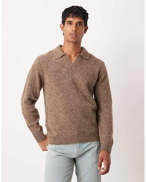 ASOS Knitted Long Sleeve Notch Neck Polo - Brown