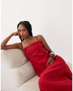 Mango 100% Linen Strappy Maxi Dress - Red