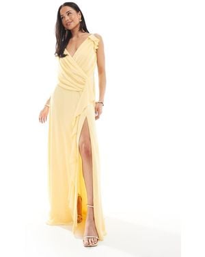 TFNC London Bridesmaid Wrap Front Chiffon Maxi Dress With Frill Detail And Split - Metallic