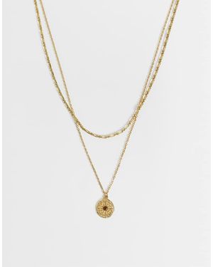 ASOS Waterproof Stainless Steel 2 Pack Faux Tigers Eye Stone Coin Pendant And Chain Necklace - Metallic